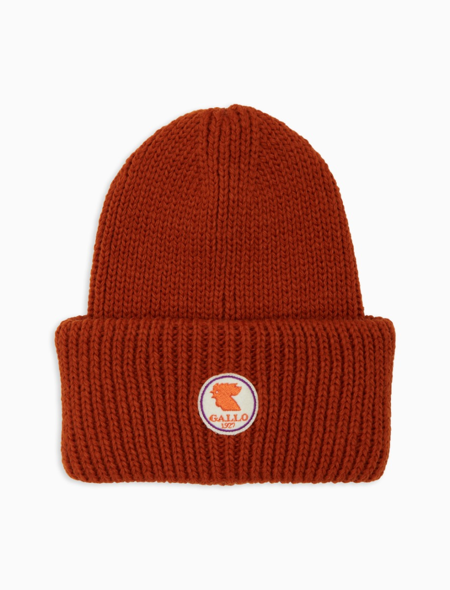 Berretto con risvolto unisex arancio a coste tinta unita - Gallo 1927 - Official Online Shop