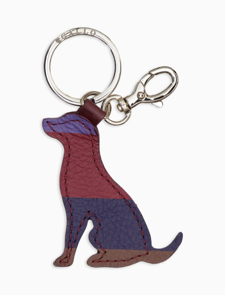 Unisex burgundy hammered leather keyring shaped like a dog with multicolored stripes - Gallo 1927 - Official Online Shop