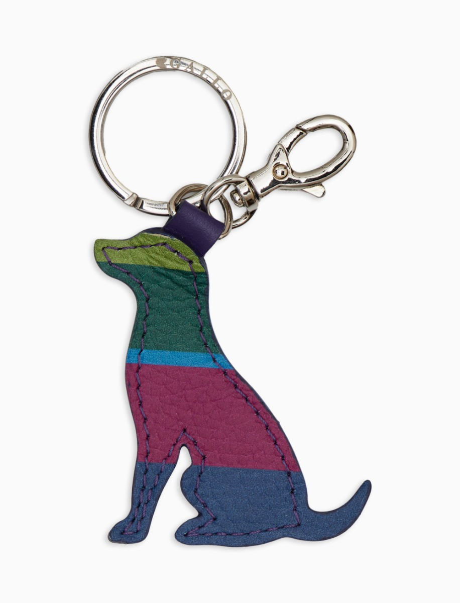 Unisex blue hammered leather keyring shaped like a dog with multicolored stripes - Gallo 1927 - Official Online Shop