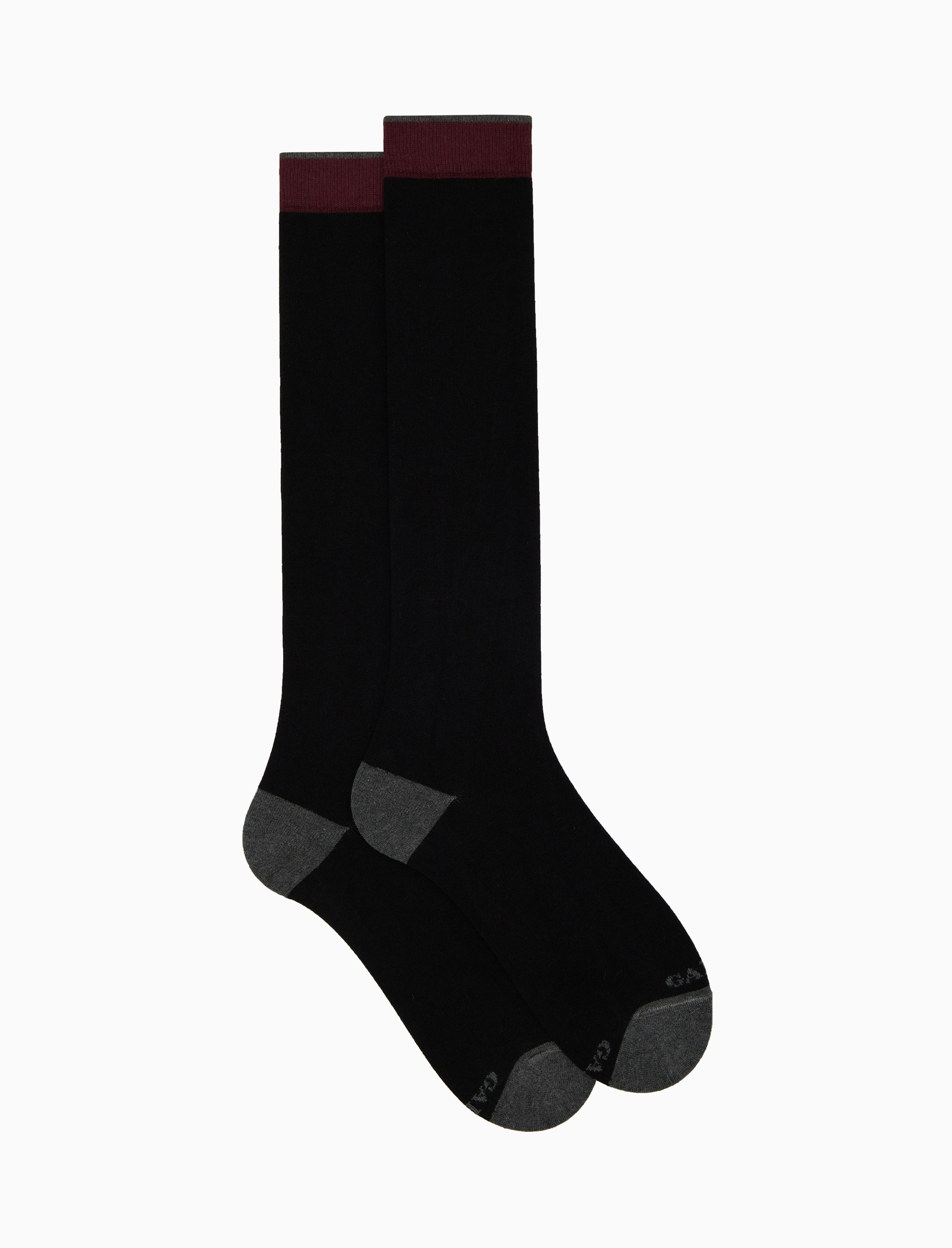 Men's long plain black cotton and cashmere socks with contrasting