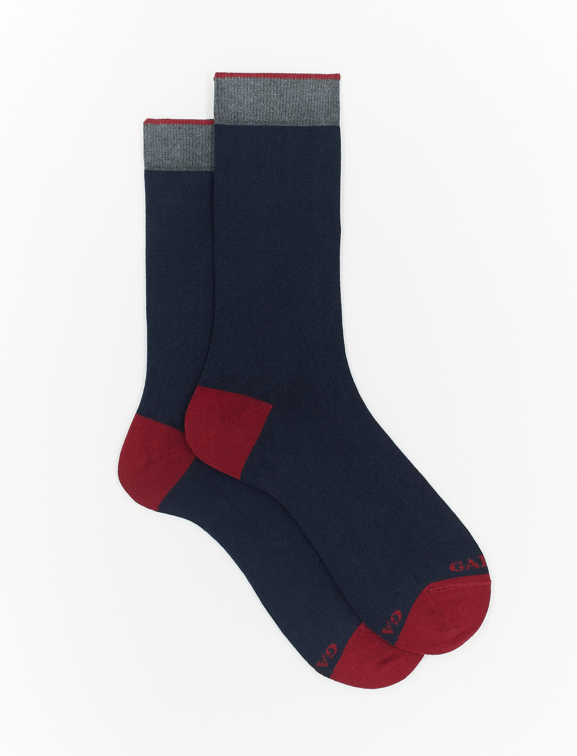 Men's short plain navy cotton and cashmere socks with contrasting ...