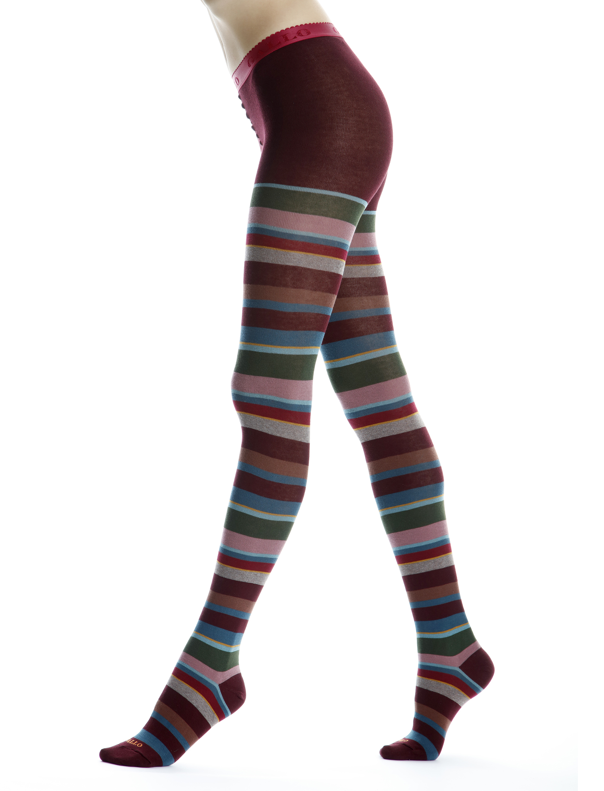 Women s burgundy cotton tights with multicoloured strips Gallo