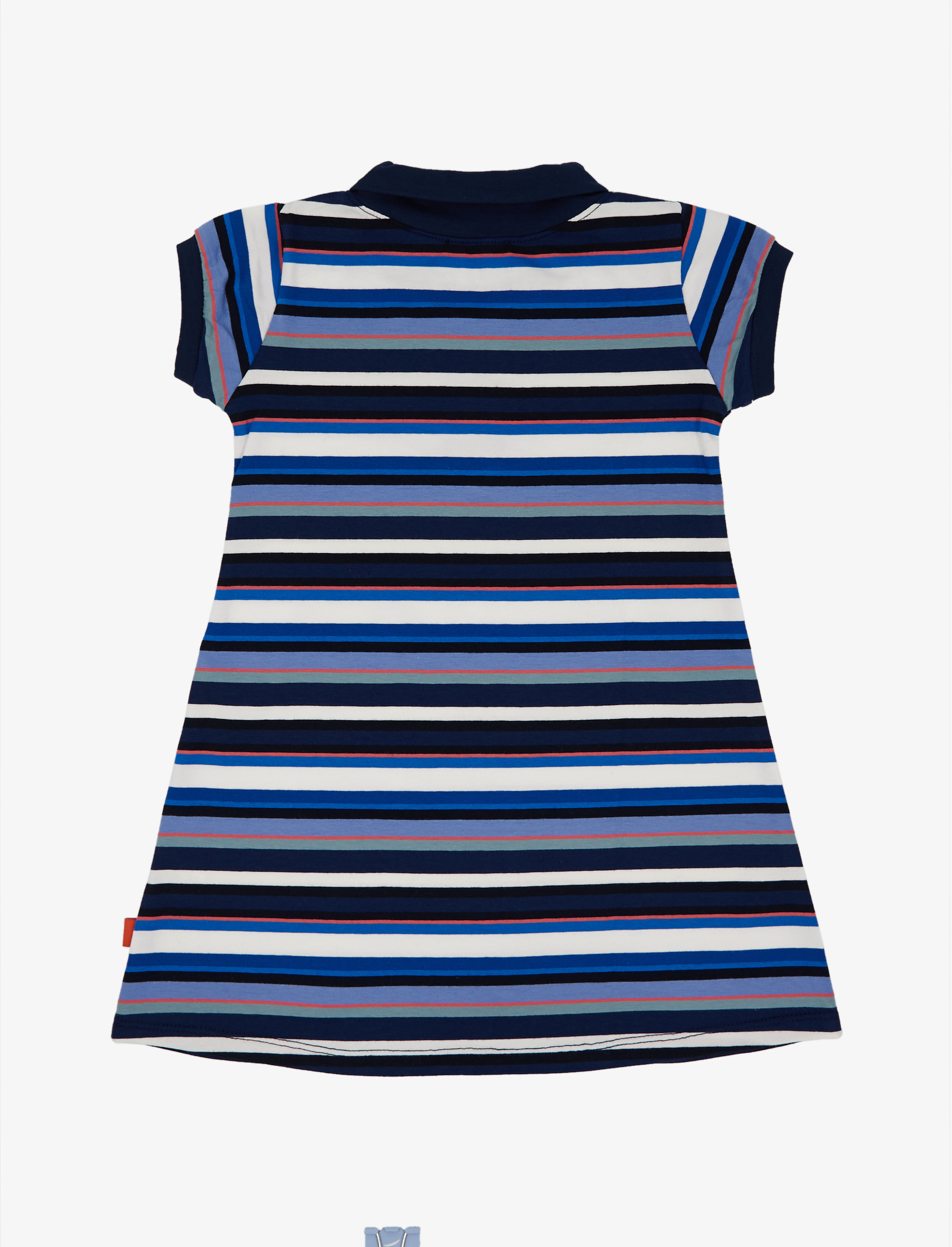Girls royal blue cotton polo dress with multicoloured stripes Gallo