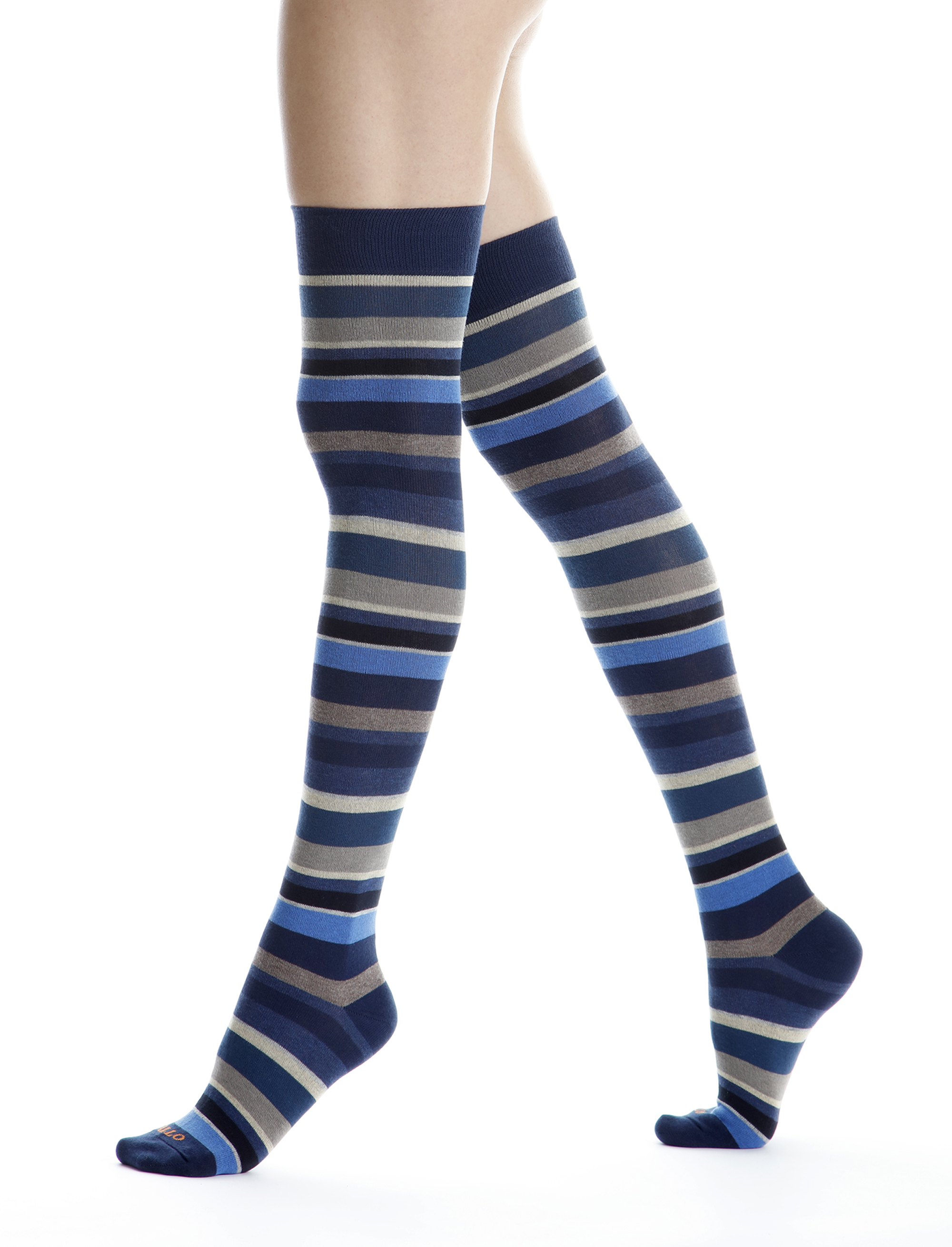 Women s blue thigh high socks with multicoloured stripes Gallo