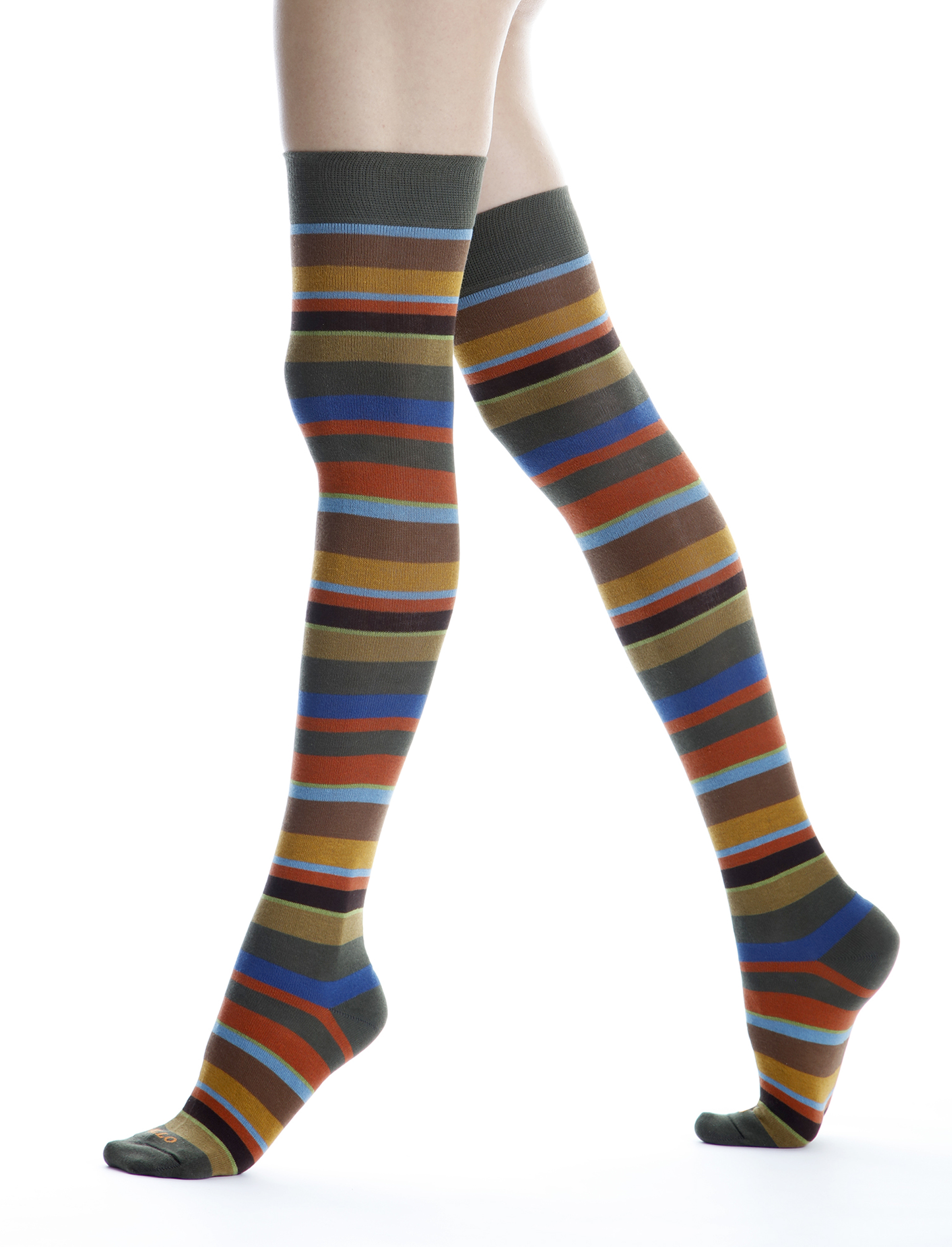 Women s green thigh high socks with multicoloured stripes Gallo