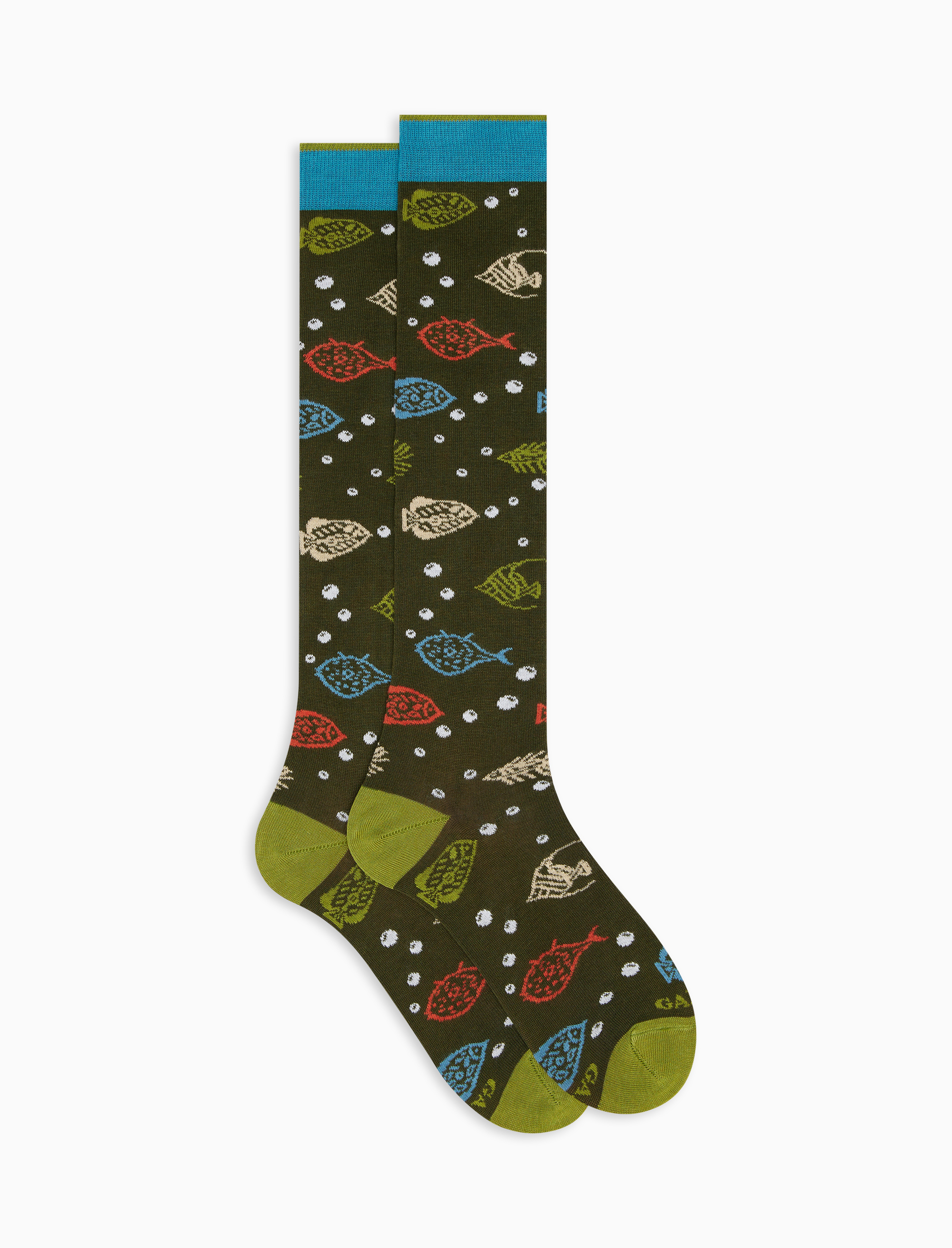 Men's long army green lightweight cotton socks with fish motif Gallo