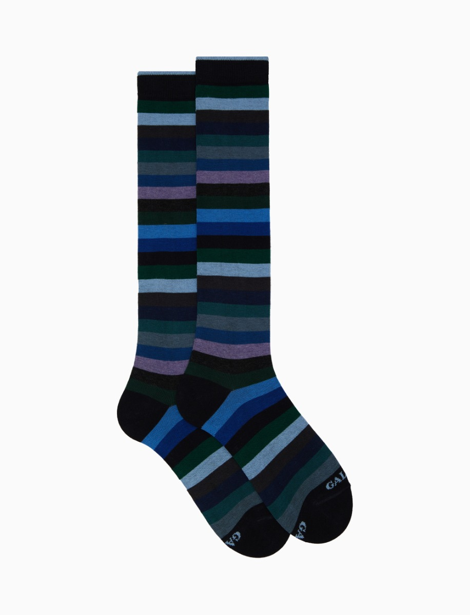 Women s long blue cotton socks with even stripes Gallo
