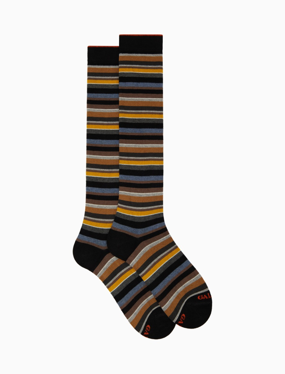 Men's long black cotton and cashmere socks with multicoloured micro ...